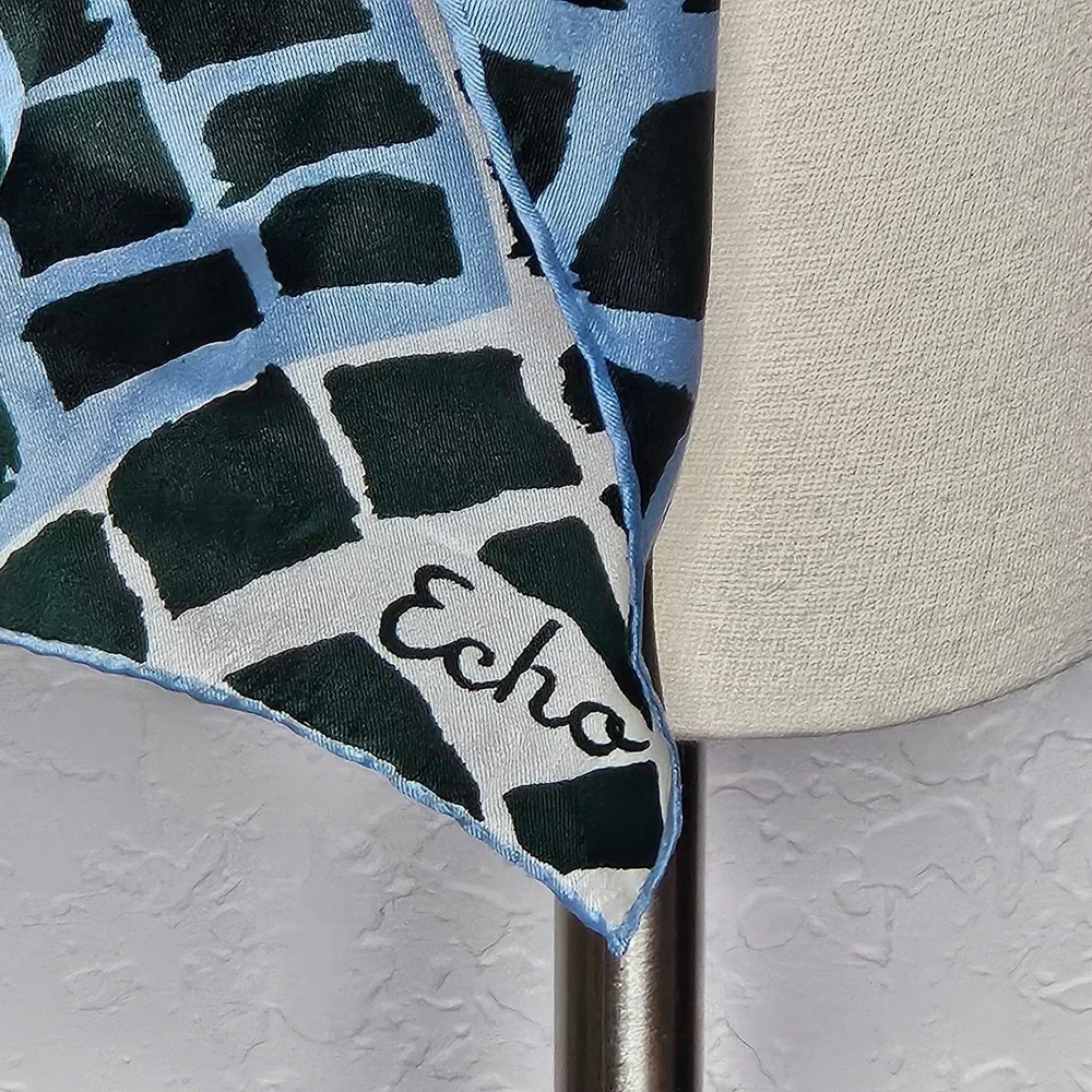 Echo Silk Scarf Green Blue White Geometric Grid Abstract Oblong Wrap Hand Rolled